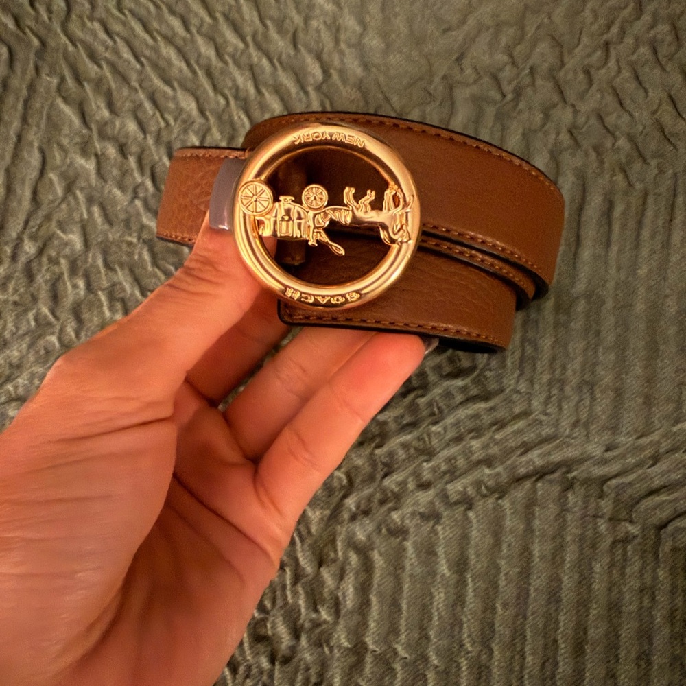 Coach Tan Leather Belt with Gold Emblem Buckle